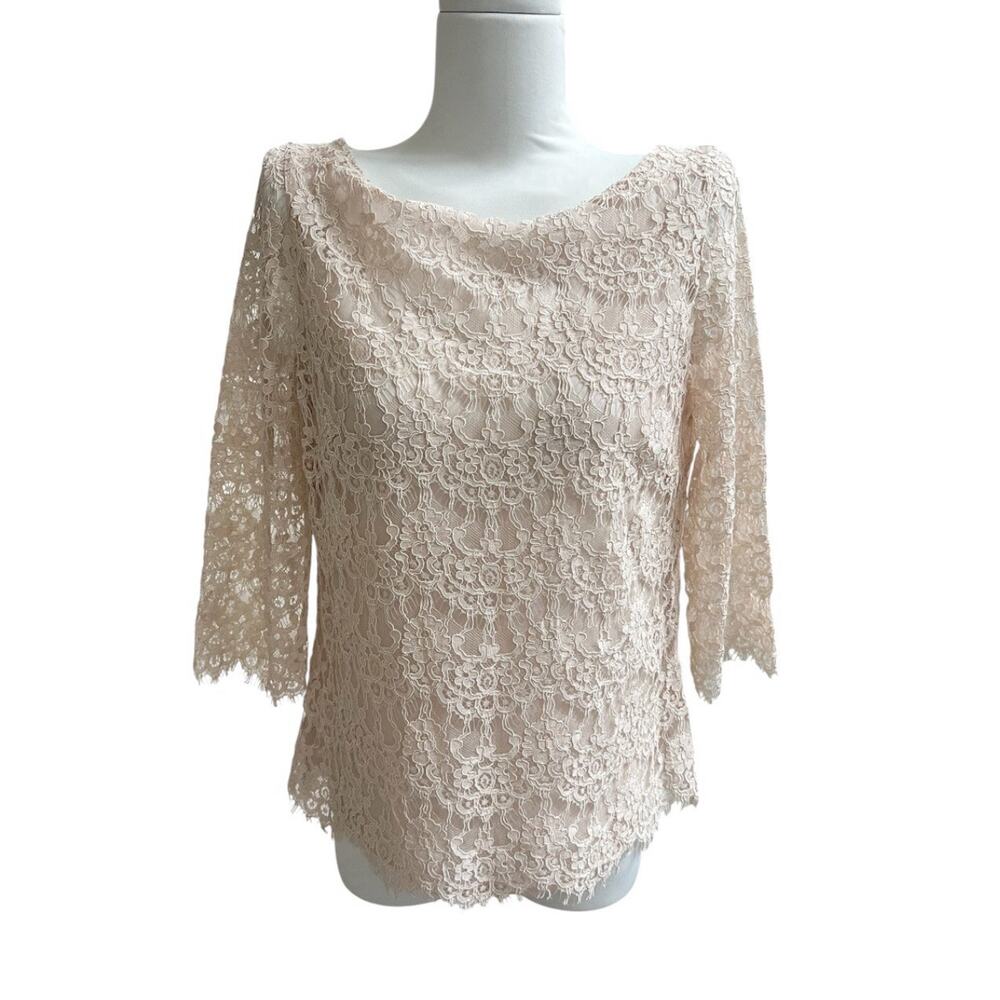 Caroll Paris Lace Blouse Sz 38 US M Light Peach Rhinestone 3/4 Slv Feminine